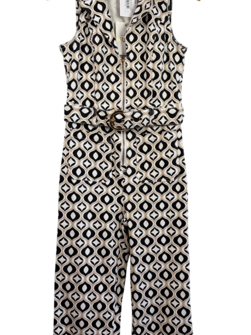 Show Me Your MuMu Black and Cream Geometric Sleeveless Jumpsuit with Belt